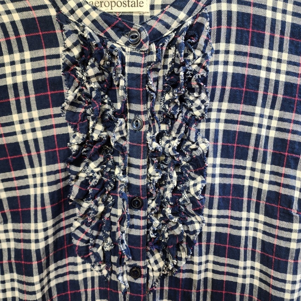 Womens AEROPOSTALE Navy Plaid Ruffle Tunic Long Sleeve Shirt Size Medium - Picture 4 of 8